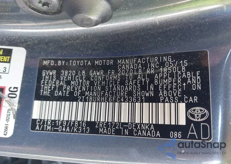 2015 Toyota Corolla Le из США, поврежденный, VIN 2T1BURHE6FC433631